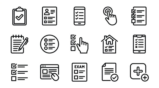 Checklist line icons set with business survey questionnaire symbols and task management outline vector elements