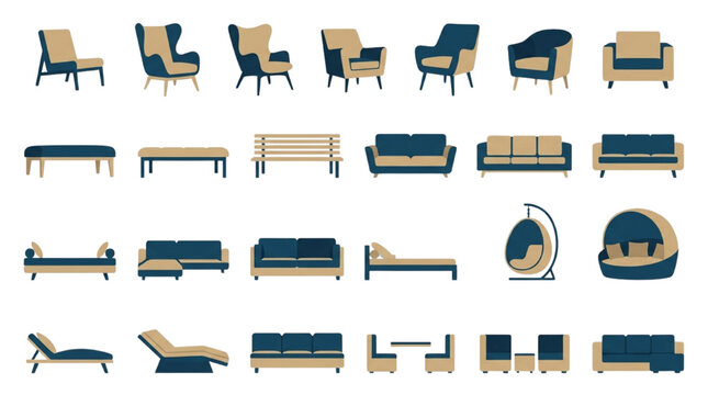 Modern Interior and Outdoor Lounge Furniture Elevation Vector Illustration Set