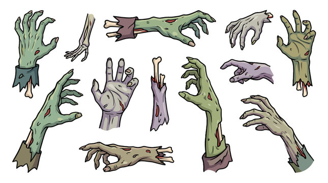Set of severed zombie hands and arms in cartoon vector style