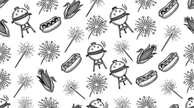 Summer Holiday BBQ Celebration Black Line Art Seamless Pattern with Grill and Fireworks