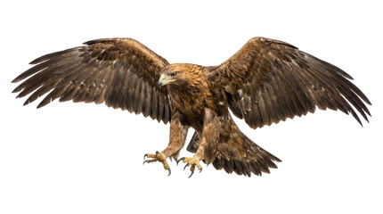 Obraz premium Majestic eagle bird with open wings soaring in sky isolated on transparent background PNG.