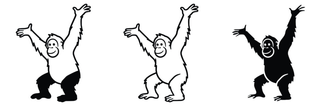 Three different colored cartoon gorilla icons with raised arms in black white and silhouette on white background for design and decoration