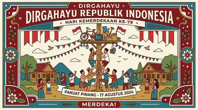 Indonesian people celebrate independence with Panjat Pinang event and Merdeka banner in village