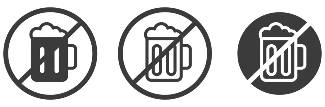 No alcohol allowed sign icons, Prohibition symbols with beer mugs in circle, No drinking signs