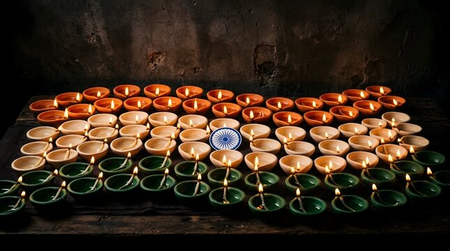 Colorful clay lamps arranged in indian flag colors with lit candles inside