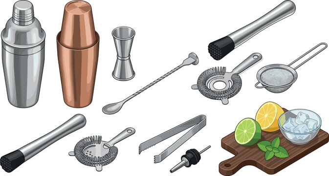 Isometric Bartender Tools Set with Cocktail Shaker Jigger Strainer Muddler and Bar Accessories for Restaurant Menu and Drink Recipe Illustration
