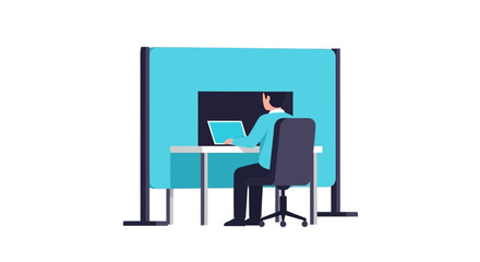Fototapeta premium Flat Illustration of a Man Working on Laptop at Minimalist Desk with Privacy Partition; Concept of Remote Work, Concentration, and Productivity in Modern Workspace