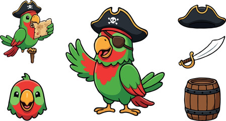 Cute parrot pirate cartoon character vector illustration set with tricorn hat eyepatch map cutlass sword and wooden barrel isolated on white background