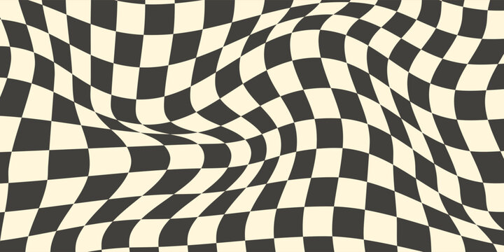 Trippy checkerboard background. Retro psychedelic checkered wallpaper. Wavy groovy chessboard surface. Distorted geometric pattern. Abstract vector backdrop