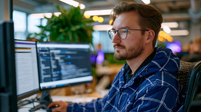 Knowledge manager configuring an enterprise wiki on dual monitors, taxonomy trees and tagging schemas visible, quiet open-plan office at midmorning, information architecture, organizational learning