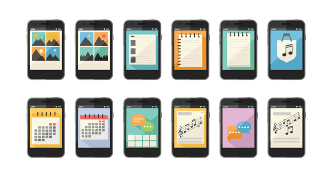 Collection of smartphone screen icons displaying various functional mobile apps for productivity, music, and efficient organization.