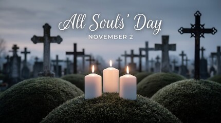 Cemetery Candles Lit at Dusk for All Souls' Day Remembrance
