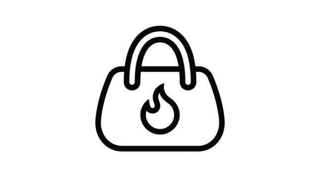 Simple black line art icon of a stylish handbag featuring a small fire flame design element isolated on a clean white background for modern digital applications