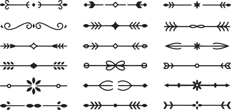 A diverse compilation of bold black linear dividers featuring intricate patterns and dynamic arrow designs