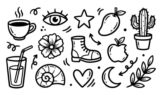 Hand Drawn Cute Doodle Vector Icon Set Featuring Coffee Cup Cactus Star Heart Eye Boot Flower and Fruits for Decorative Graphic Design Layouts