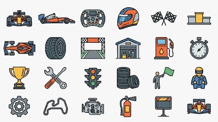 Naklejka premium Sleek Racing Icons Comprehensive Collection of Motorsport Elements and Symbols for Enthusiasts with high professional line art symbols for modern creative design and digital branding projects
