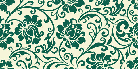 Fototapeta premium Green floral patterns decorate a cream-colored wallpaper background