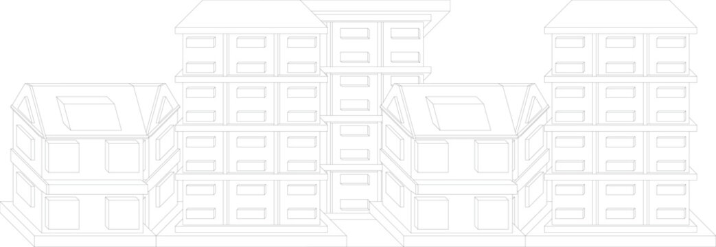 3D architectural line art vector of modern apartment buildings and residential houses
