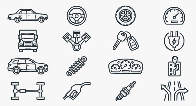 Professional Automotive and Vehicle Maintenance Icons Collection for Mechanics and Drivers with high professional line art symbols for modern creative design and digital branding projects