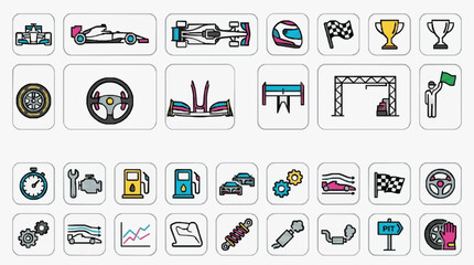 Naklejka premium Minimalist Racing and Automotive Mechanics Icon Collection for Designers and Developers with high professional line art symbols for modern creative design and digital branding projects