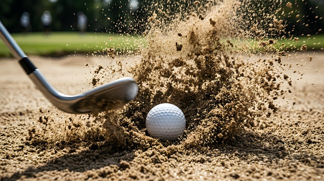 Golf Club Hitting Ball Out of Sand Bunker, Splash, Action Shot