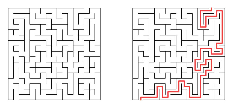 Simple maze for children presenting a fun puzzle and its solution on a white background
