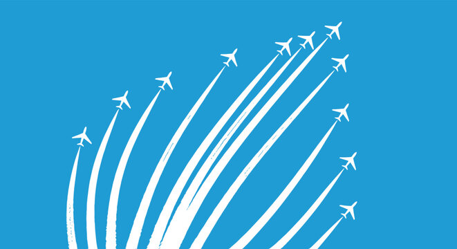 Fleet of white airplanes flying in a dynamic formation leaving long white vapor trails across a bright blue sky for travel concepts.