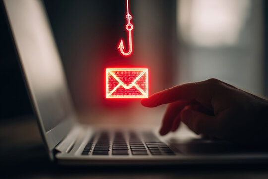 Phishing email scam concept with glowing red envelope on fishing hook over laptop keyboard cybersecurity threat