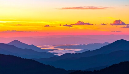 Fototapeta premium sunset, mountains, hills, peaks, ridge, landscape, nature, sky, clouds, horizon, dusk, twilight, glow, light, warm, golden, orange, pink, blue, gradient, calm, peaceful, scenic, cartoon, illustration