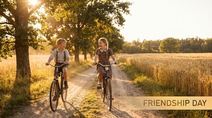 Fototapeta premium Two children riding bicycles on a dirt road in a field on friendship day