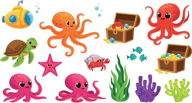 Cute Underwater Sea Animal Vector Set with Cartoon Octopus Turtle Starfish Submarine Coral and Treasure Chest Elements for Kids Design