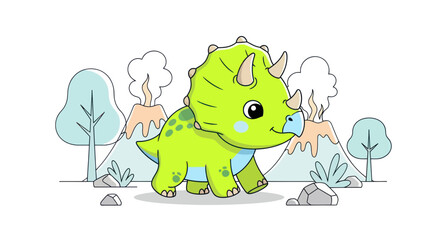 Cute green triceratops dinosaur in a prehistoric landscape © cintya