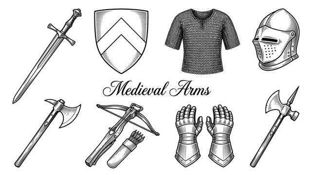 Medieval Knight Weapons and Armor Collection Vector Illustration, Vintage Engraved Style Set Including Sword, Shield, Helmet, Axe, Crossbow, and Chainmail