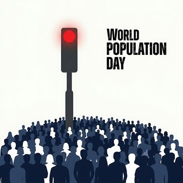 World population day concept with a red traffic light and a large crowd of people