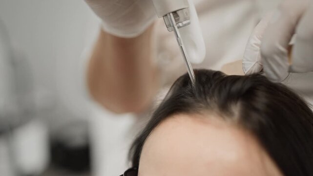 Close up woman receiving professional laser hair loss treatment from trichologist in clinic. Clip perfect for medical spa promotions, dermatology services, and scalp care marketing