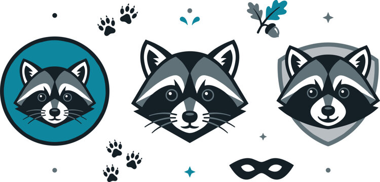 Raccoon face avatar vector logo set featuring cute animal heads circular emblem crest shield badge paw prints and bandit mask elements