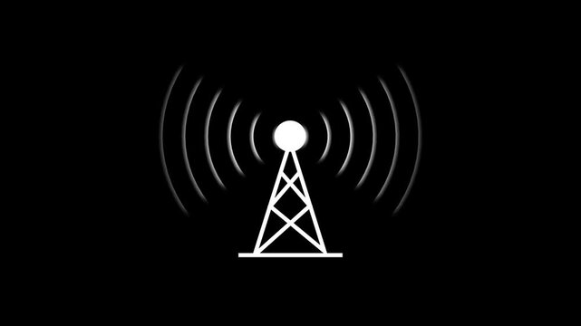 Digital radio station signal tower icon animation on dark background. Animated radio wave towers connect the network and signal waves.