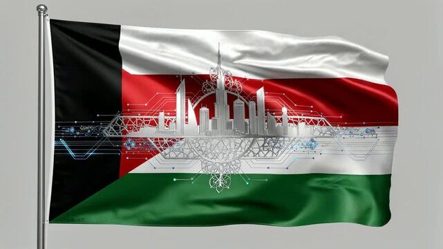 Kuwait Flag Fluttering in Wind with Digital Cityscape Background