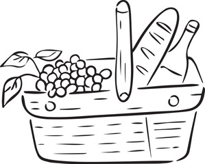 Fototapeta premium Hand Drawn Grocery Basket with Bread and Grapes Line Art Illustration