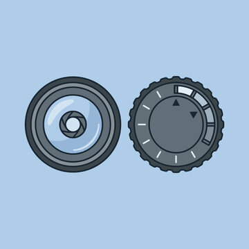 A flat vector illustration of a camera lens and mode dial