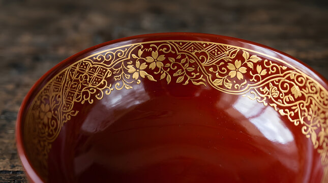 Close-up of handmade wooden lacquerware bowl showing layers of traditional red and gold lacquer, Asian heritage craft