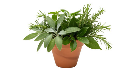 Fototapeta premium Assortment of fresh culinary herbs in a terracotta pot on a white background