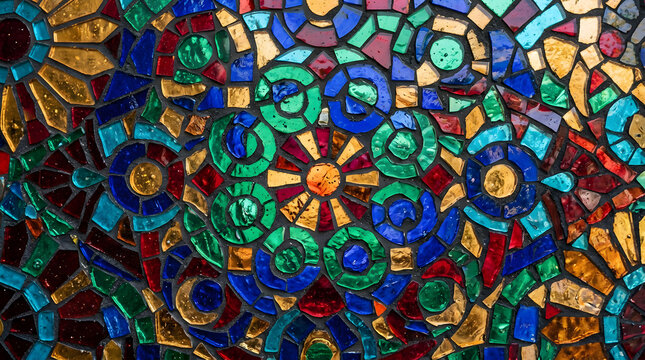 Overhead macro of vibrant traditional mosaic glass tile pattern in jewel tones, artisan stained glass craft texture