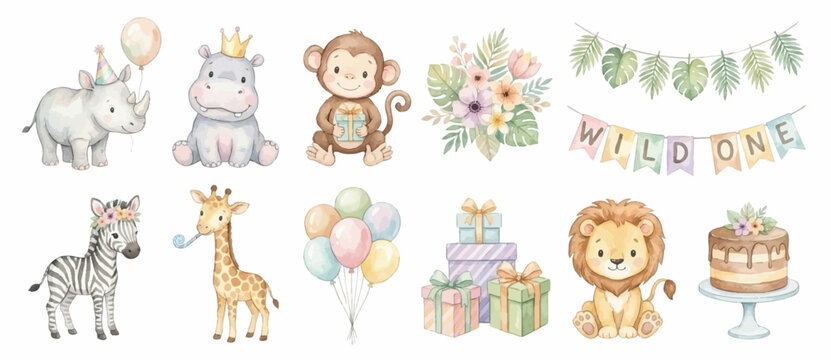 Watercolor Safari Wild One Birthday Clipart Collection. Cute Jungle Party Animals and Tropical Celebration Elements. Collection of Vector illustrations for invitation, card, poster, banner, decoration