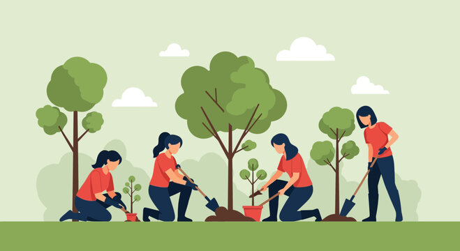 Women planting trees in a park, promoting environmental conservation and growth outdoors