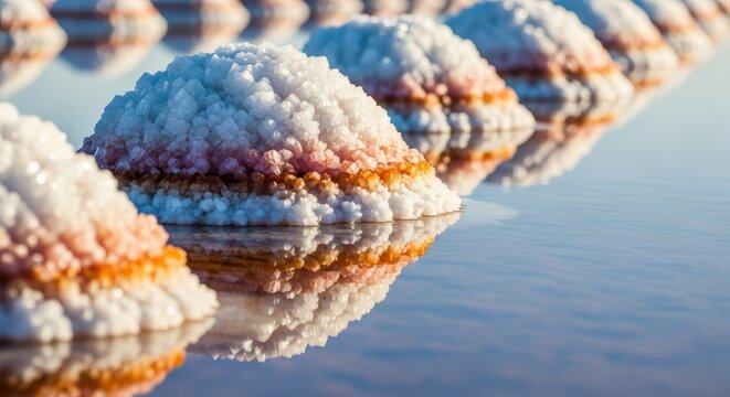 Close up view of massive salt crystals forming on the surface of supersaturated brine solution undergoing evaporation in a large industrial setting, crystal, abstract, solution