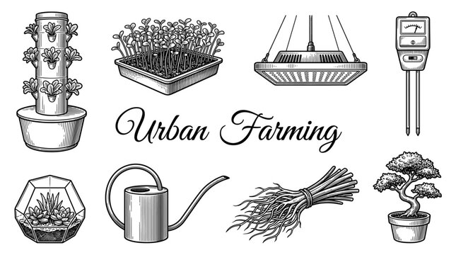 Urban Farming and Indoor Gardening Equipment Set with Hydroponic Tower, LED Grow Light, Microgreens, Soil Tester, and Watering Can. Vintage Hand Drawn Engraving Style Vector Illustration.