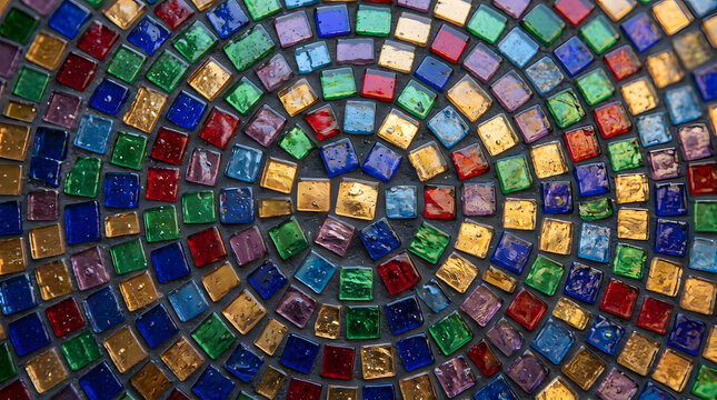Overhead macro of vibrant traditional mosaic glass tile pattern in jewel tones, artisan stained glass craft texture