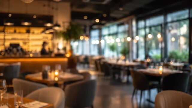 Blurred restaurant interior cafe background bokeh lighting luxury dining bistro atmosphere warm evening ambiance food service hospitality