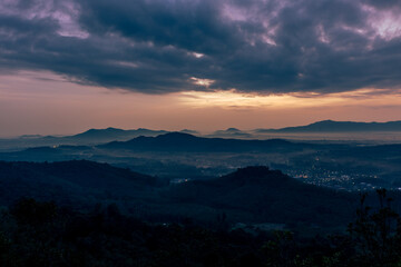 Fototapeta premium panoramic background of high mountain scenery, overlooking the atmosphere of the sea, trees and wind blowing in a cool blur, spontaneous beauty
